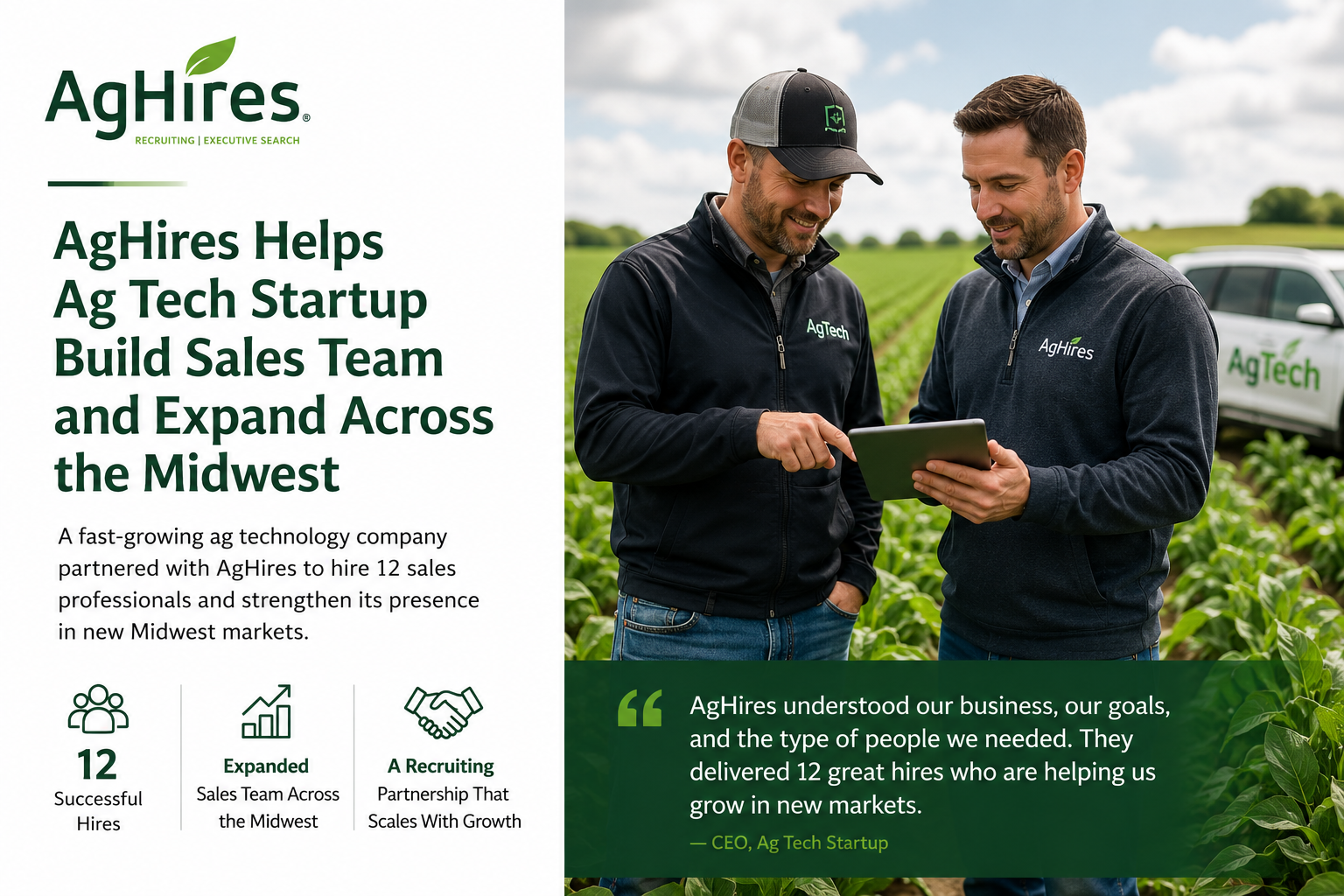 Two agriculture sales professionals review information on a tablet in a crop field, representing AgHires’ partnership with an ag tech startup to build its Midwest sales team.