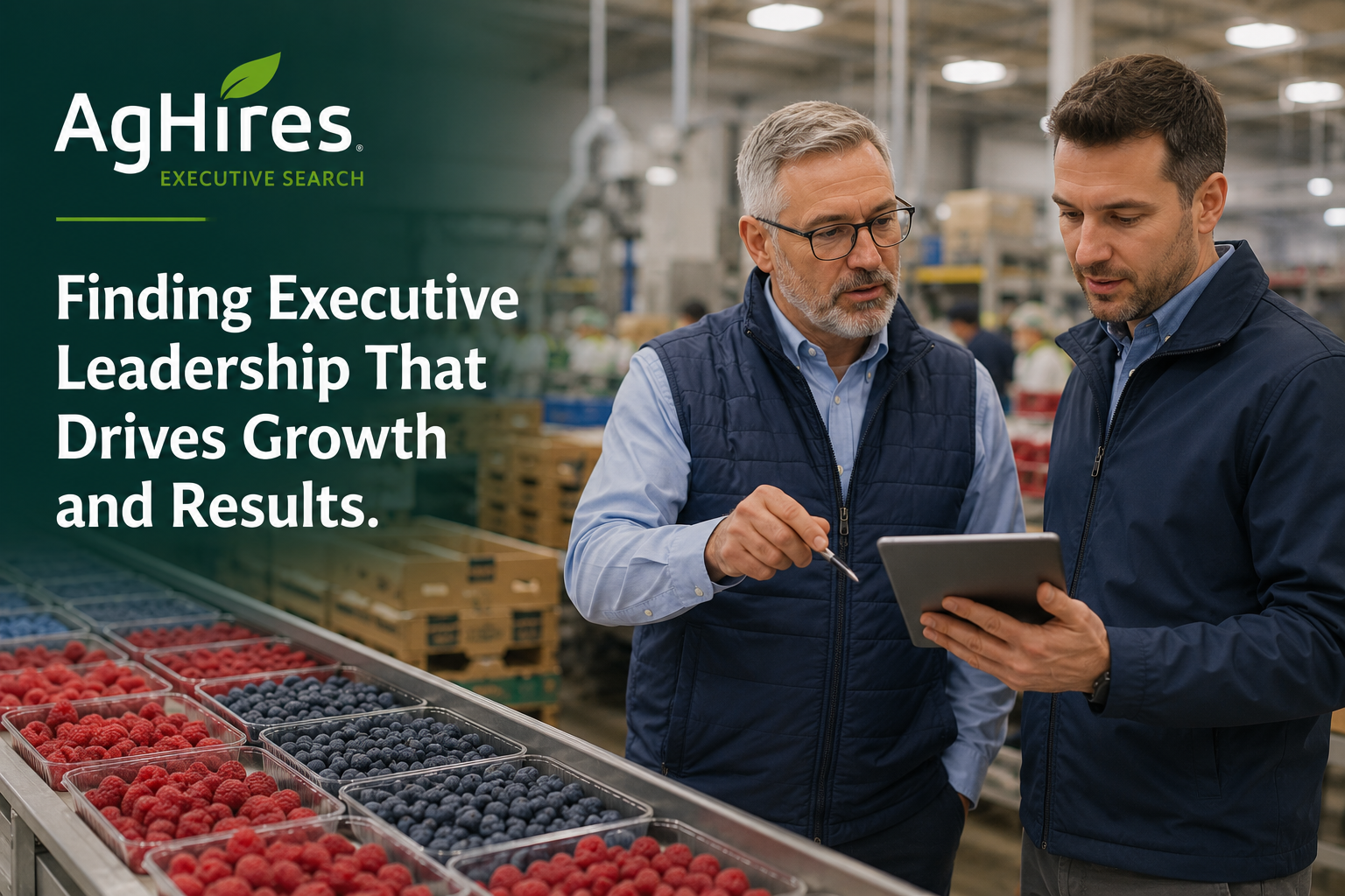 Two executives review operational information on a tablet inside a food processing facility with fresh berries on the production line, representing AgHires Executive Search for a COO placement.