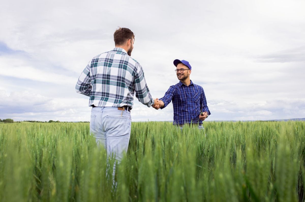 two man shaking hands in a field
